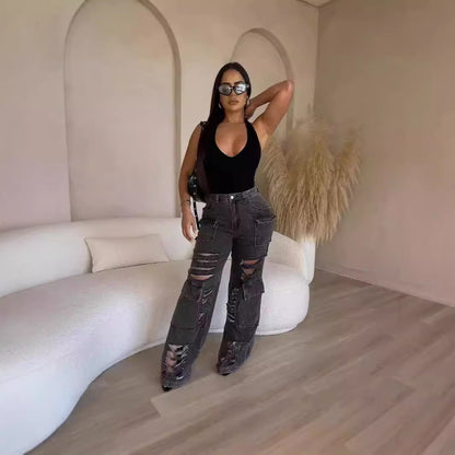Damen Cargo-Jeans mit ausgefransten Rissdetails und praktischen Taschen Stalluxe