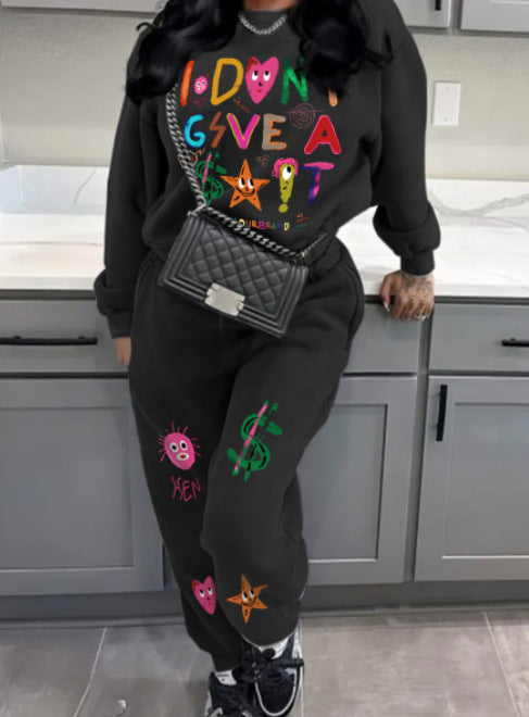 Damen lässiger Sweat-Anzug mit kreativem Grafikdruck für die modebewusste Frau Stalluxe