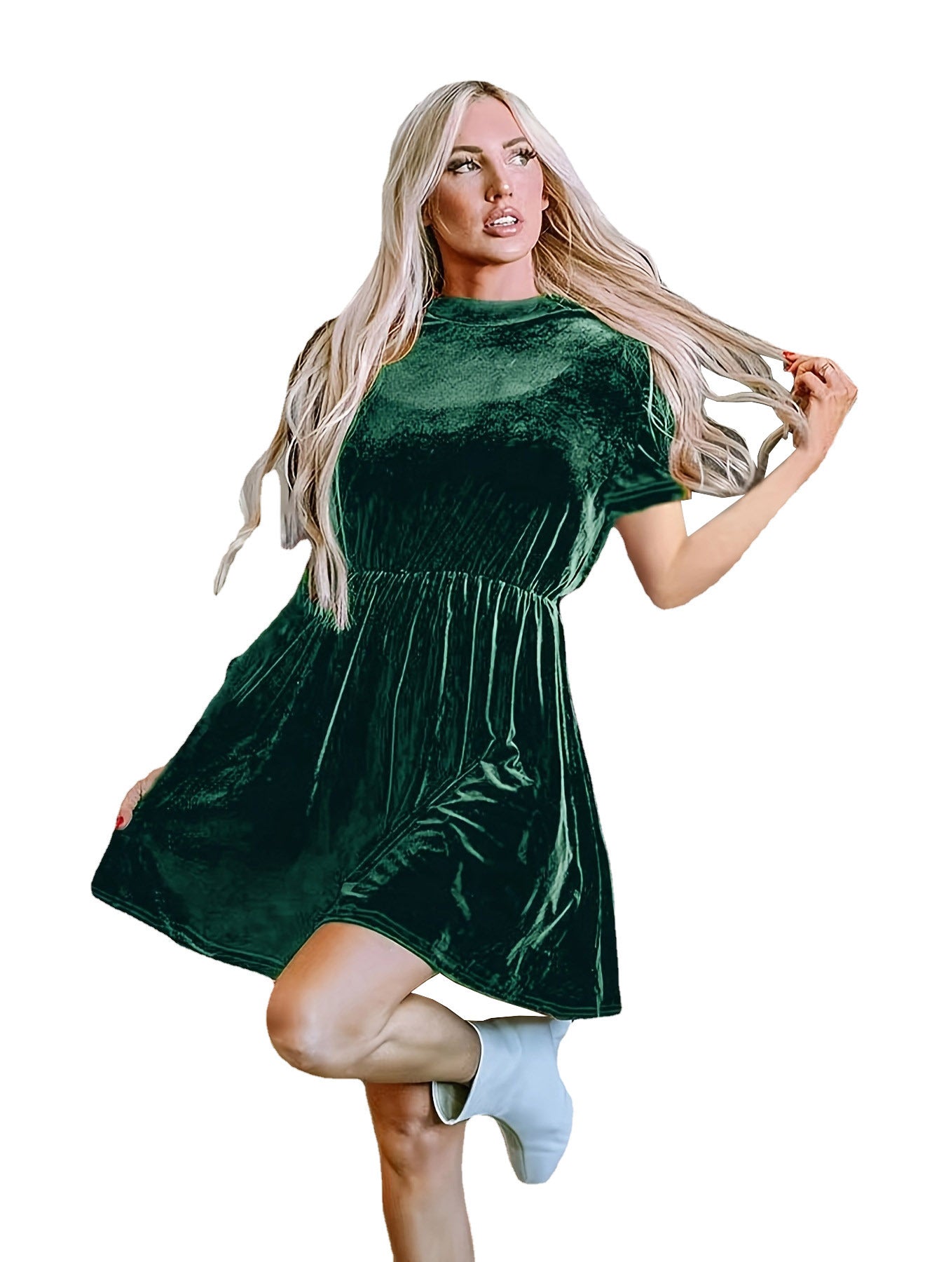 Damen Samt Minikleid mit hohem Kragen und lässigem Schnitt Stalluxe Tannengrün