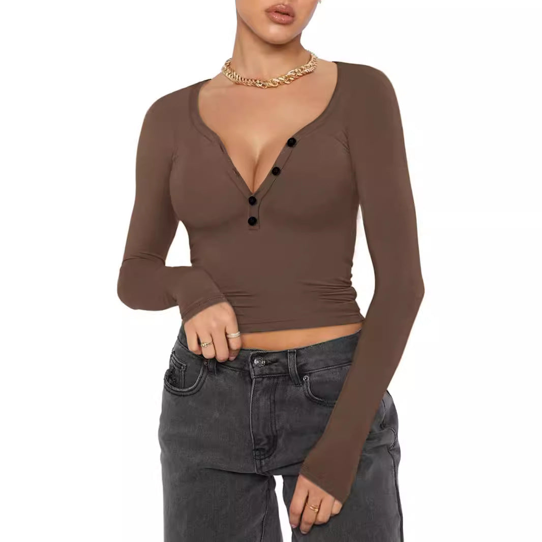 Damen Langarmshirt mit V-Ausschnitt und Knopfdetails Stalluxe