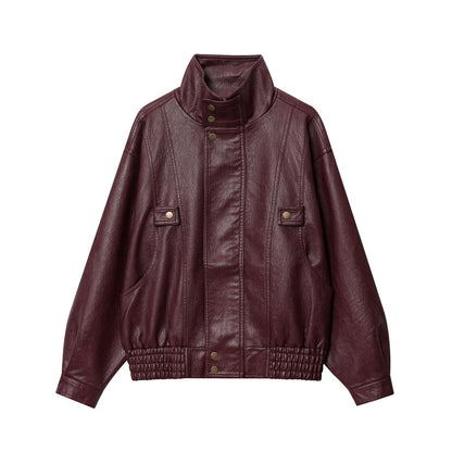 Damen modische Kunstlederjacke mit hohen Kragen und praktischen Knopfdetails Stalluxe