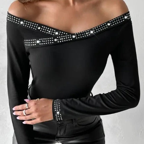 Damen Elegantes Off-Shoulder Oberteil mit Strass-Details Stalluxe