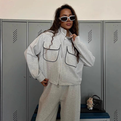 Damen lässiges Sportanzug-Set mit modischer Jacke und weit geschnittenen Hosen Stalluxe