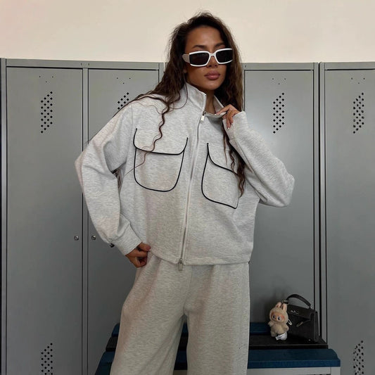 Damen lässiges Sportanzug-Set mit modischer Jacke und weit geschnittenen Hosen Stalluxe