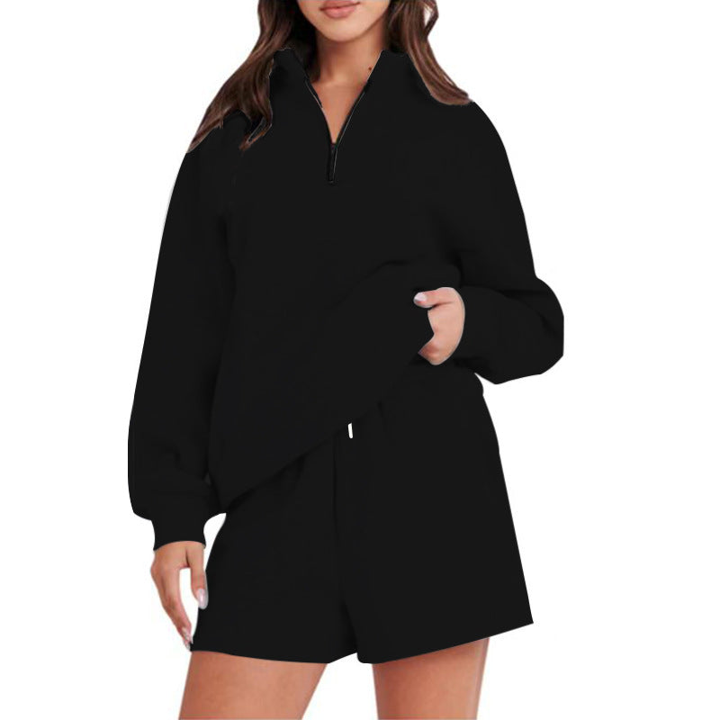 Damen bequemen Freizeit-Sweatanzug mit halbem Reißverschluss und Shorts Stalluxe