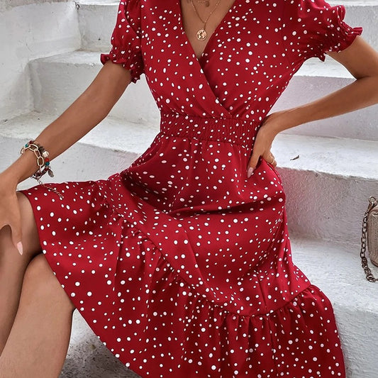 Damen Midi-Kleid mit Puffärmeln und V-Ausschnitt Stalluxe