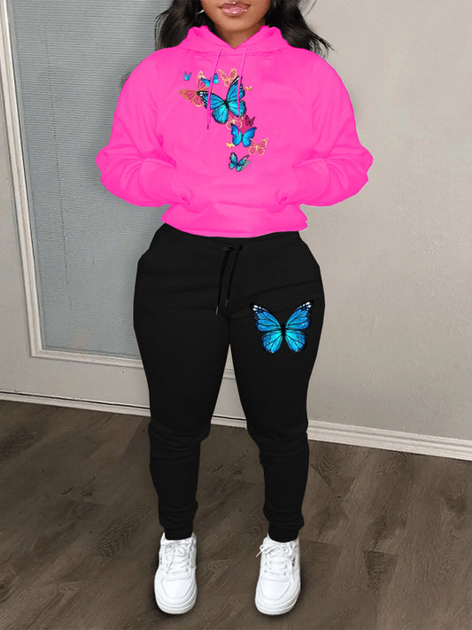 Damen Kapuzenpullover und Jogginghose Set mit buntem Schmetterlingsmuster Stalluxe