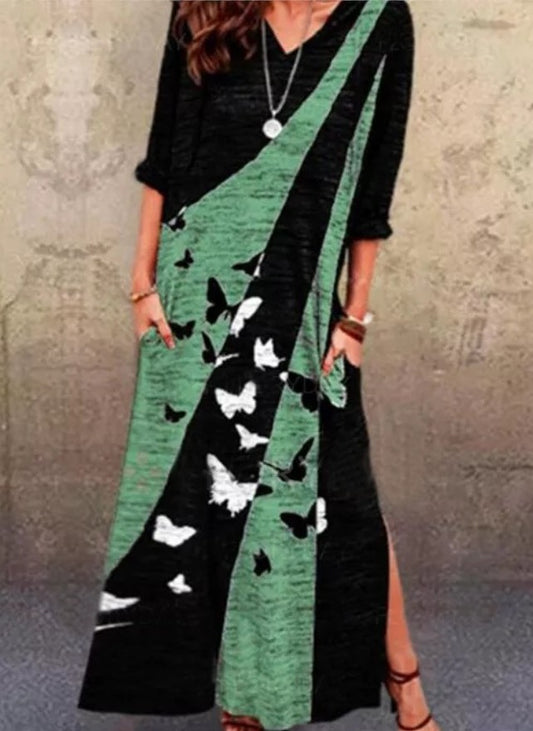 Damen Maxikleid mit kunstvollem Schmetterlingsdesign und praktischen Taschen Stalluxe