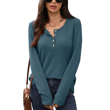 Damen Waffelstrick Langarmshirt mit Knopfleiste Stalluxe
