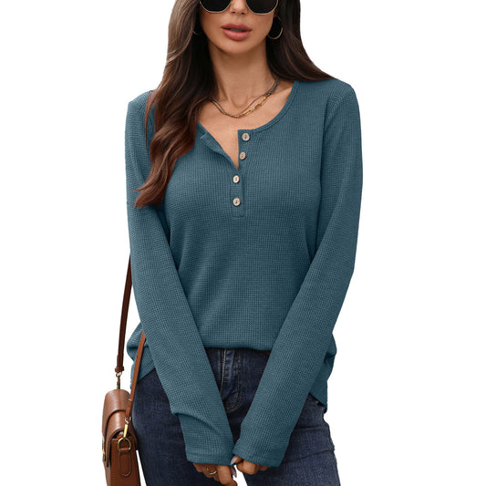 Damen Waffelstrick Langarmshirt mit Knopfleiste Stalluxe