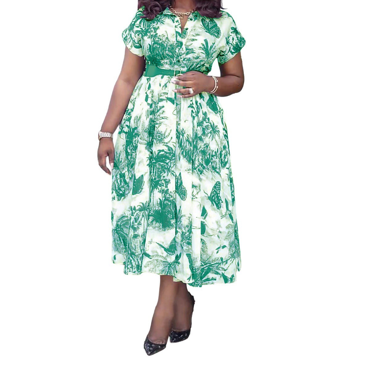 Damen Maxi-Kleid mit botanischem Druck und tailliertem Gürtel Stalluxe
