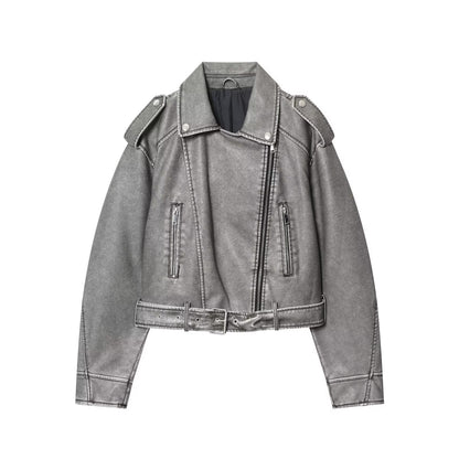 Damen modische Bikerjacke im Vintage-Look mit Taillengürtel und Reißverschlusstaschen Stalluxe