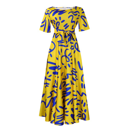 Damen Maxikleid mit lebhaftem Grafikdesign und eleganten Ärmeln Stalluxe