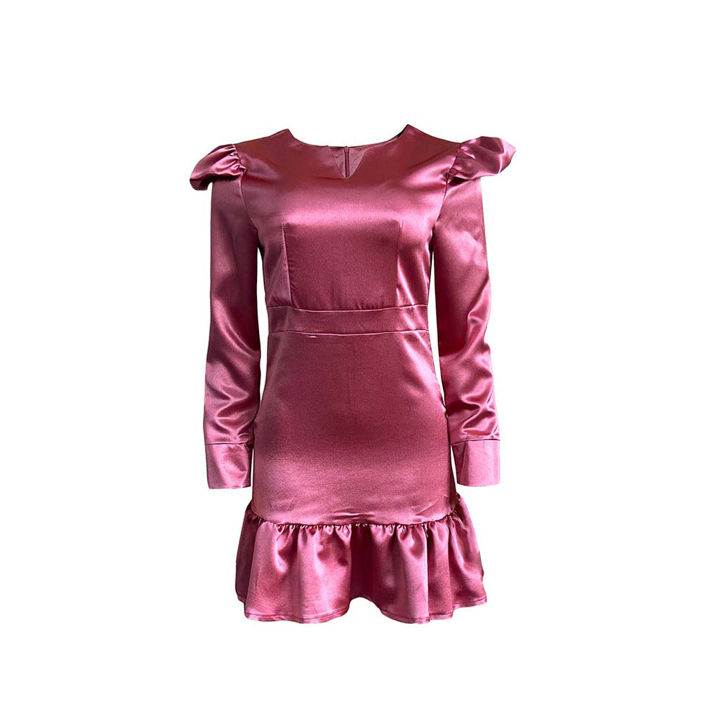 Damen Schimmerndes Mini-Kleid mit Puffärmeln und Rüschensaum Stalluxe Lila