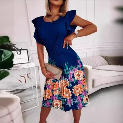 Damen Midi-Kleid mit Volantärmeln und floralem Gürtel Stalluxe