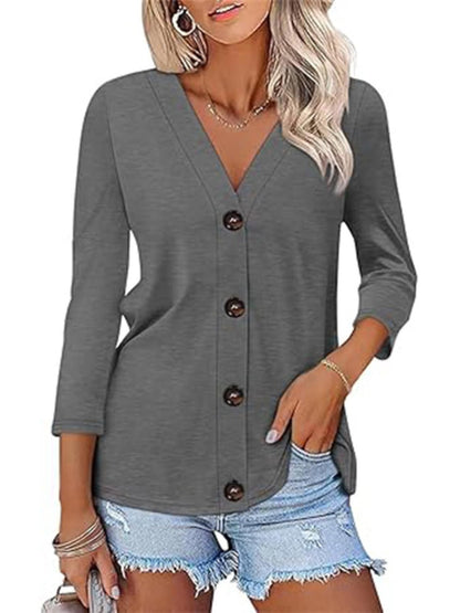 Damen Bluse mit V-Ausschnitt und Knopfleiste Stalluxe