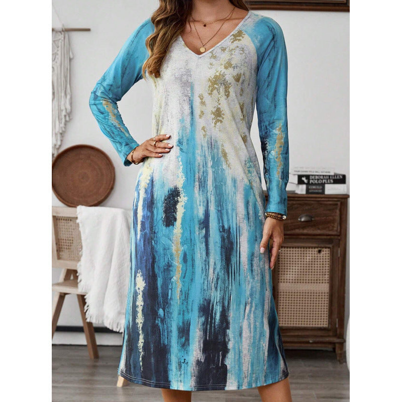 Damen Langarmkleid mit farbenfrohem, abstraktem Muster Stalluxe