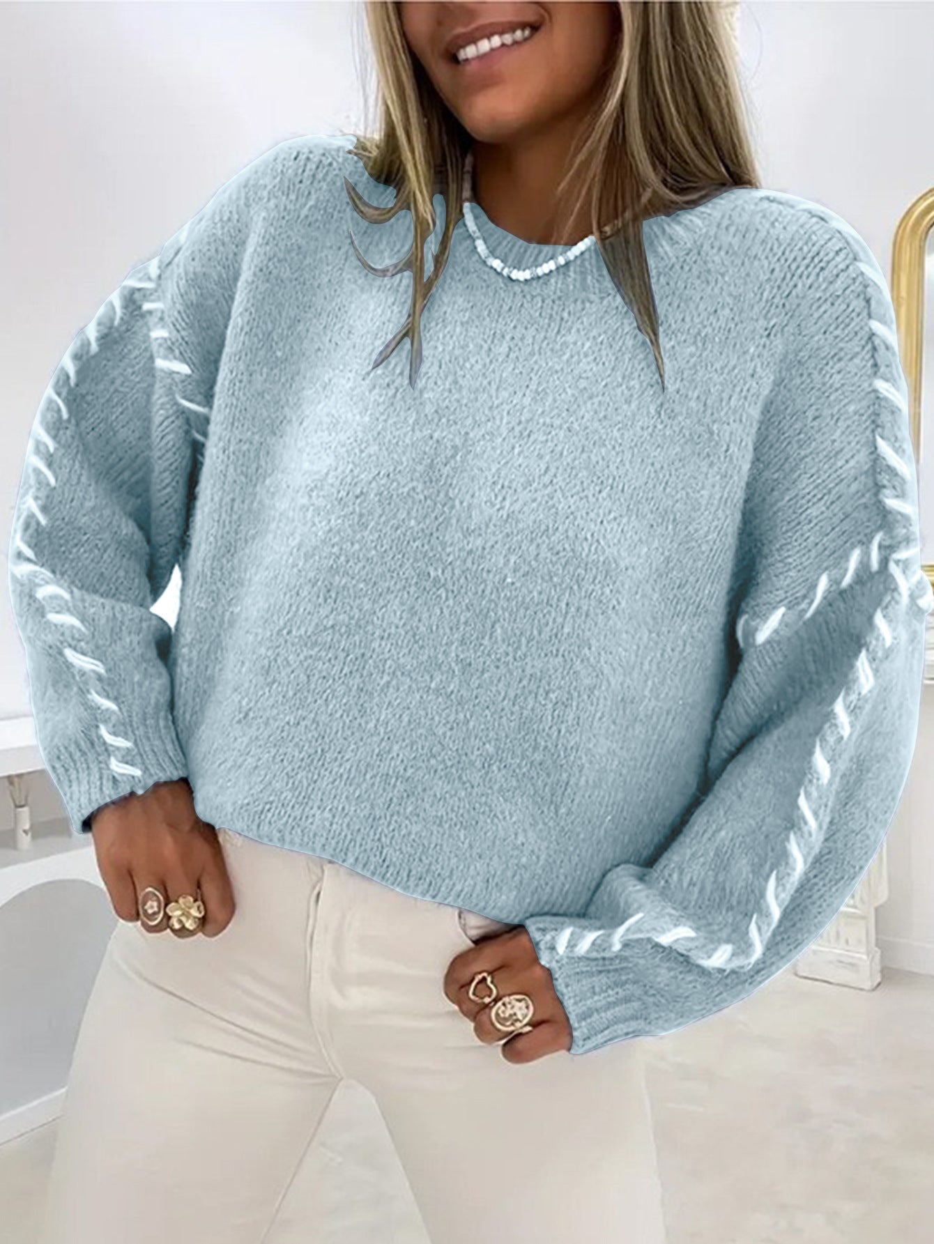 Damen Oversized Strickpullover mit kontrastierendem Saum Stalluxe