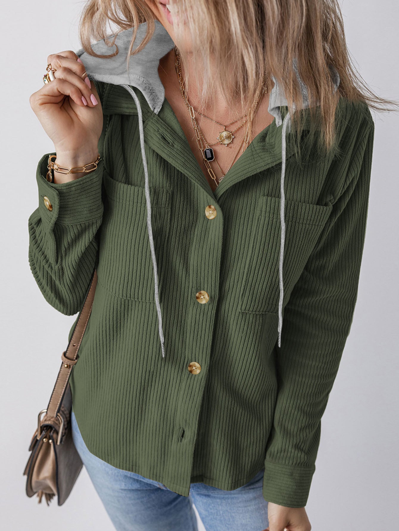 Damen Cargo-Hemdjacke mit Kapuze und modischem Rippstrickdesign Stalluxe