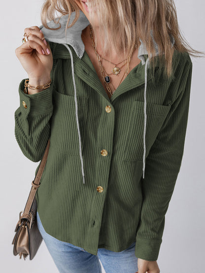 Damen Cargo-Hemdjacke mit Kapuze und modischem Rippstrickdesign Stalluxe