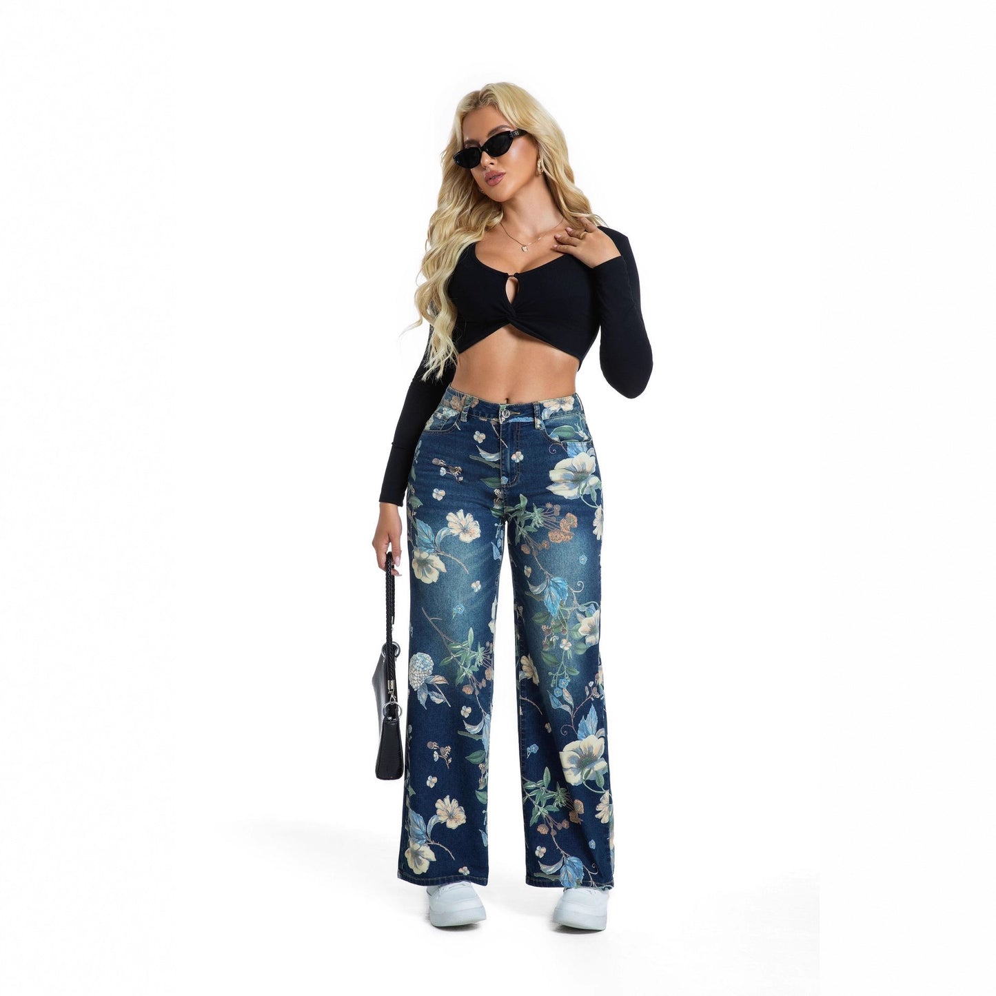 Damen weite Jeans im floralen Design mit hohem Bund Stalluxe