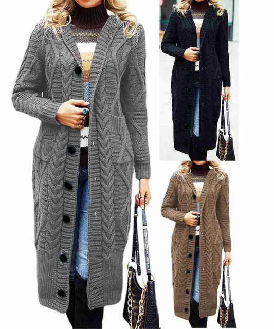 Damen Eleganter Strickmantel mit tiefem V-Ausschnitt und aufwendigem Zopfmuster Stalluxe