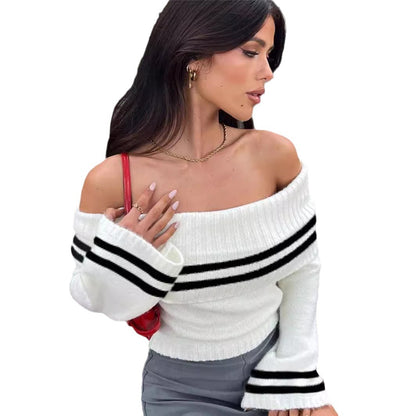 Damen Off-Shoulder Crop-Pullover mit lässigen Streifen Stalluxe