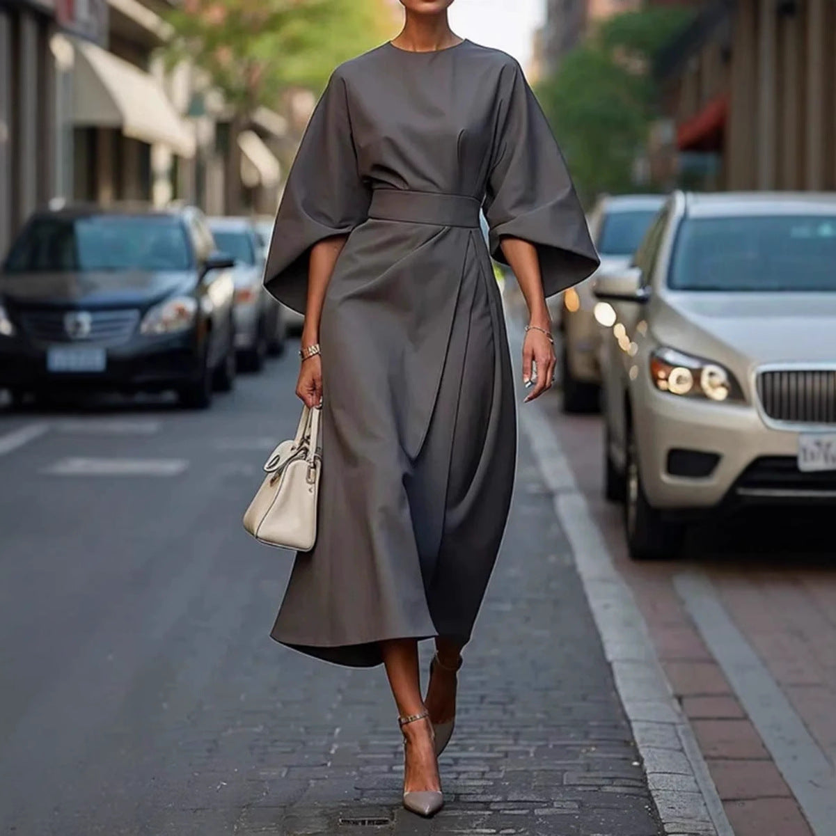 Damen elegante Midi-Kleid mit voluminösen Ärmeln Stalluxe