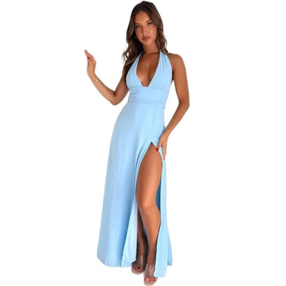 Damen Abendkleid mit tiefem V-Ausschnitt und seitlichem Schlitz Stalluxe