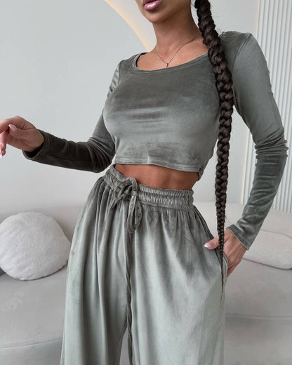 Damen hochwertiges, elegantes Crop-Top und bequeme Hose Stalluxe Olivgrün