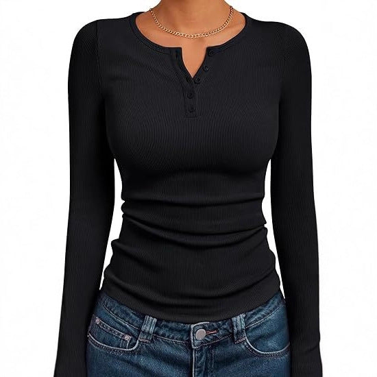 Damen Longsleeve Shirt mit Knopfleiste & Figurbetontem Schnitt Schwarz