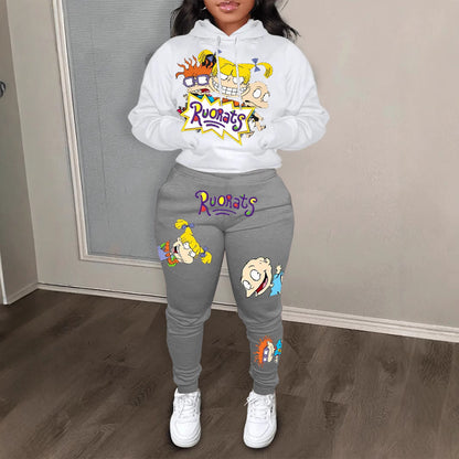 Damen Hoodie und Jogginghose Set mit farbenfrohen Cartoon-Motiven Stalluxe