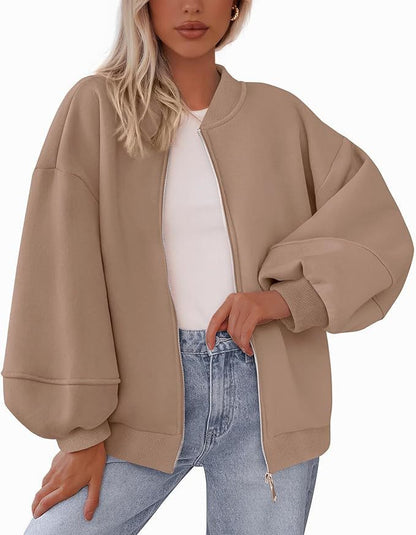 Damen Oversized Bomberjacke mit Reißverschluss und elastischen Bündchen Stalluxe Khaki
