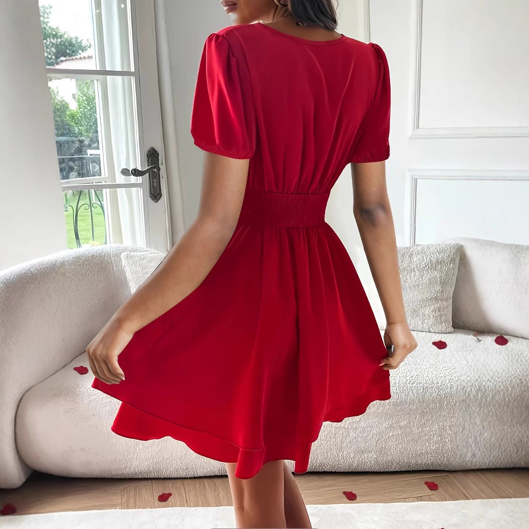 Damen Wickelkleid mit voluminösem Rock und Puffärmeln Stalluxe