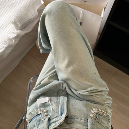 Damen Denim-Hose mit eleganten Perlenapplikationen und modischem Schnitt Stalluxe
