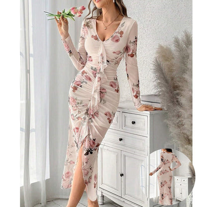 Damen Kleid mit Raffung und Blumenmuster Stalluxe