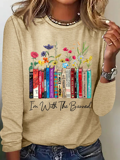 Damen Langarmshirt mit Bücher- und Blumenmotiv Stalluxe