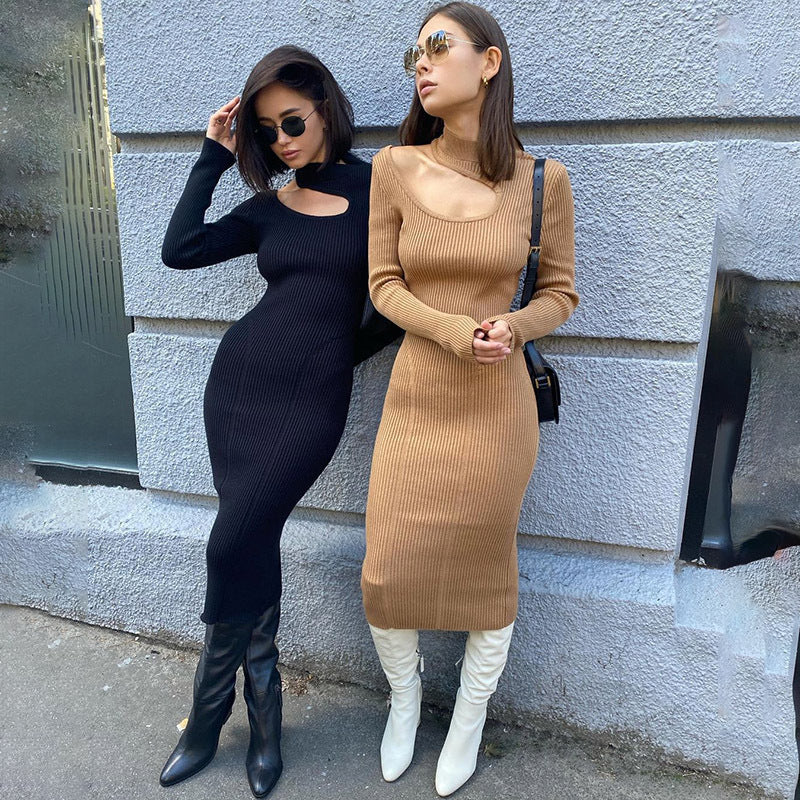 Damen Rippstrick-Midikleid mit Ausschnitt und langem Ärmel Stalluxe