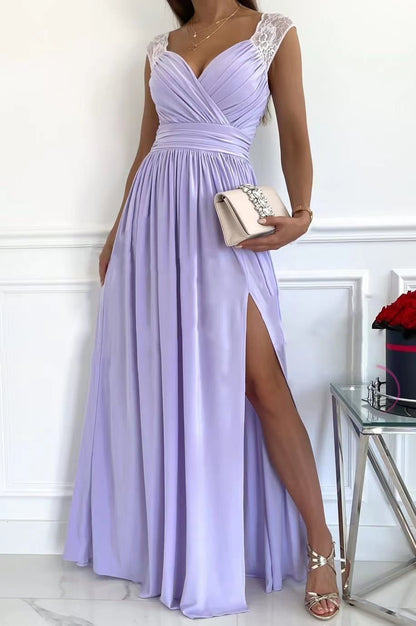Damen elegantes Maxikleid mit Spitzenärmeln und seitlichem Schlitz Stalluxe