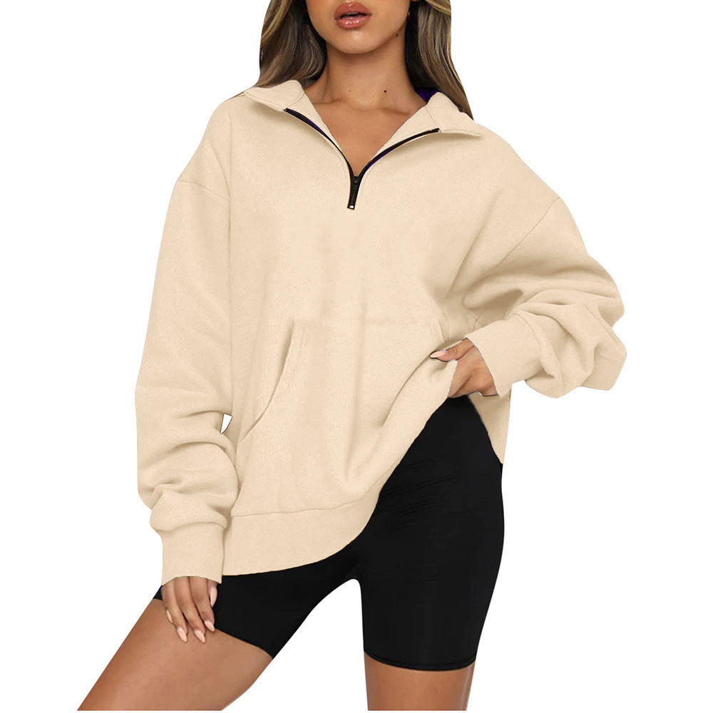 Damen Oversized Sweatshirt mit halbem Reißverschluss und Kapuze Stalluxe Beige