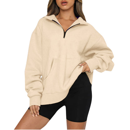 Damen Oversized Sweatshirt mit halbem Reißverschluss und Kapuze Stalluxe Beige