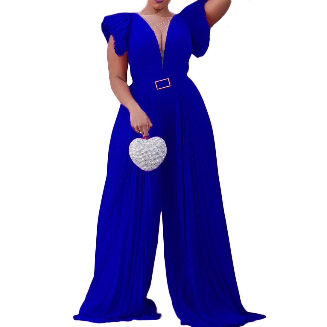 Damen Plissierter Jumpsuit mit tiefem V-Ausschnitt und tailliertem Gürtel Stalluxe