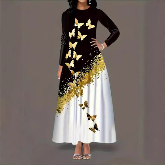Damen Maxikleid mit elegantem Schmetterlingsmuster und funkelndem Goldakzent Stalluxe