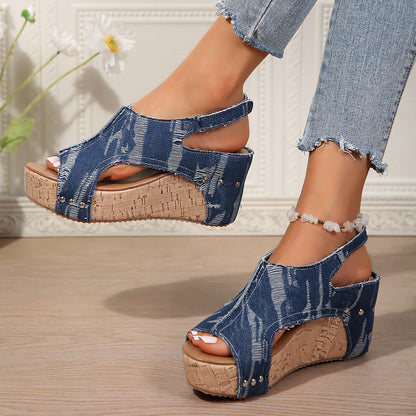 Damen Keil-Sandalen im modischen Denim-Look mit elastischer Fußbettgestaltung Stalluxe