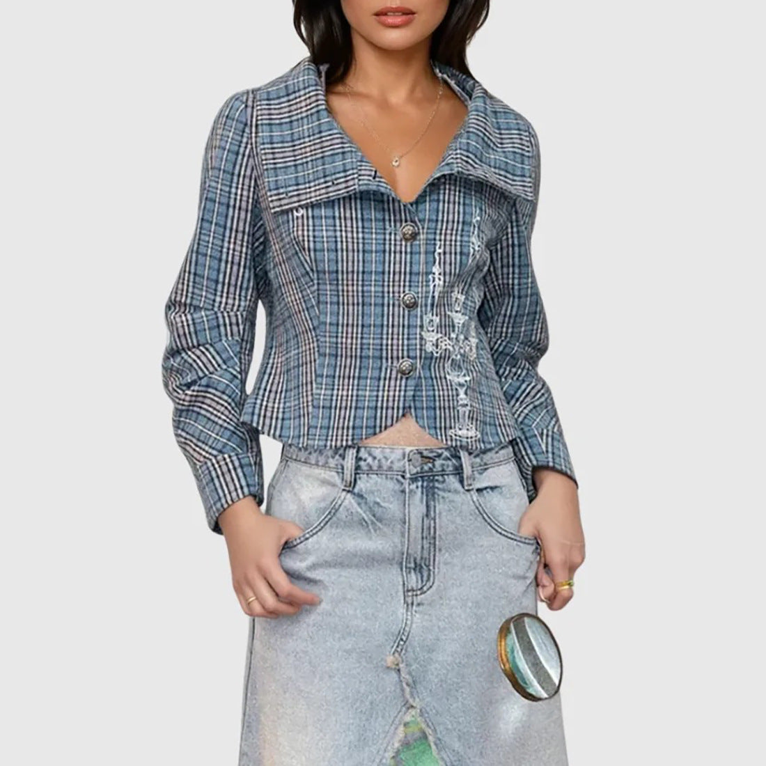 Damen Karierte Blousonjacke mit hohem Kragen und einzigartigen Details Stalluxe