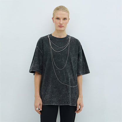Damen Oversized T-Shirt mit dekorativem Kettenakzent Stalluxe Schwarz