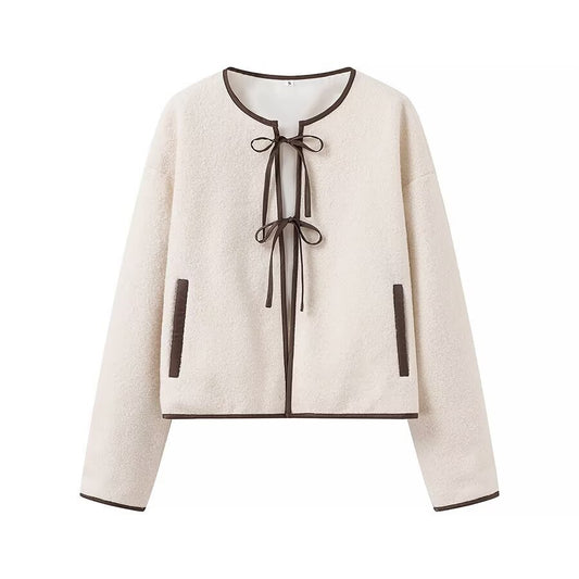 Damen cropped Fleecejacke mit dekorativem Bindeband und seitlichen Taschen Stalluxe