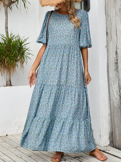 Damen Maxikleid mit nostalgischem Blumendruck und weiten Ärmeln Stalluxe