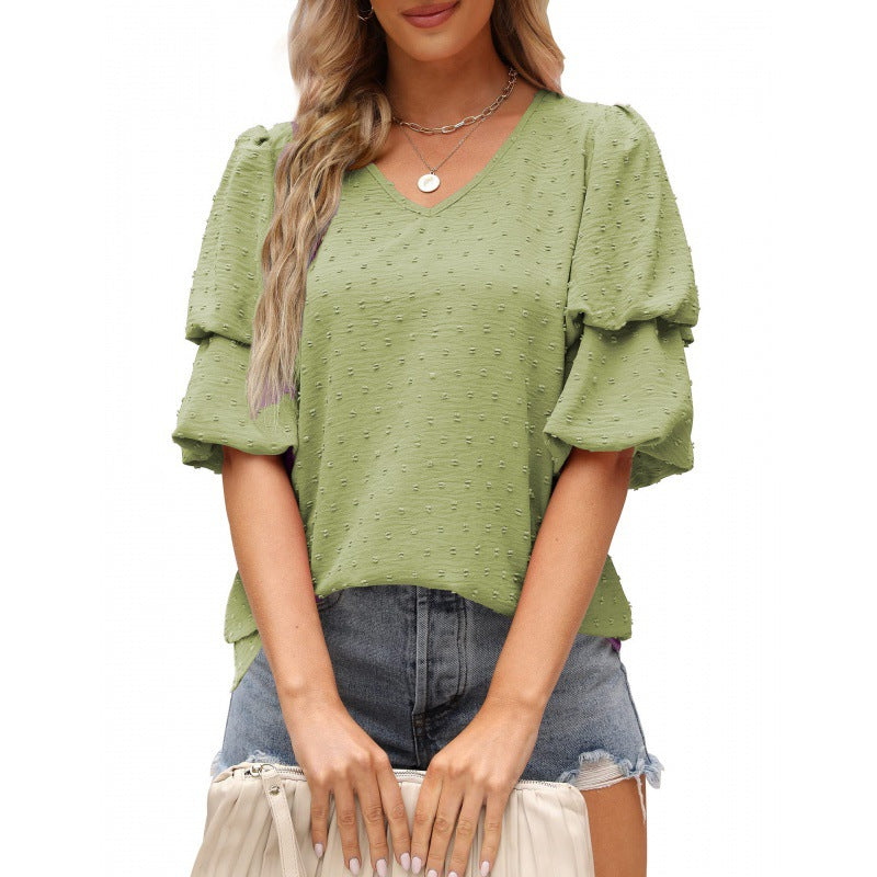 Damen V-Ausschnitt Bluse mit Puffärmeln und Struktur Stalluxe