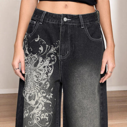 Damen weite Jeans mit kunstvollem Druck Stalluxe